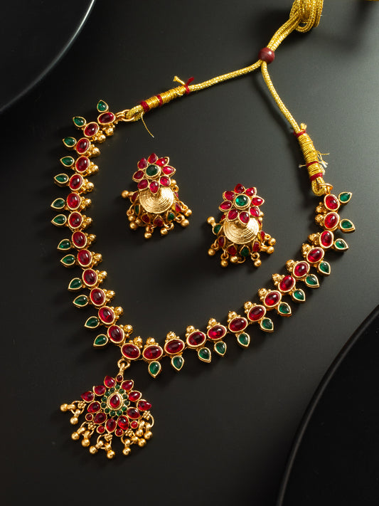 Exquisite Green and Red Stone Necklace and Earring Set